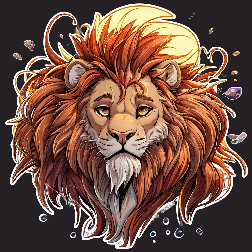 a design [lion head], [soft neon light], sticker art, vector art, dark backgroud, and splash red blods, hight quality for digital print