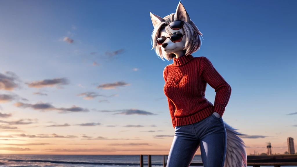 Loona from Helluva Boss, female white wolf, anthro, short white fluffy bob cut hair, sunglasses, she is blind, red sweater, blue pants, adult, mature, mommy, standing, serious, detailed, solo, beautiful, high quality, 4K