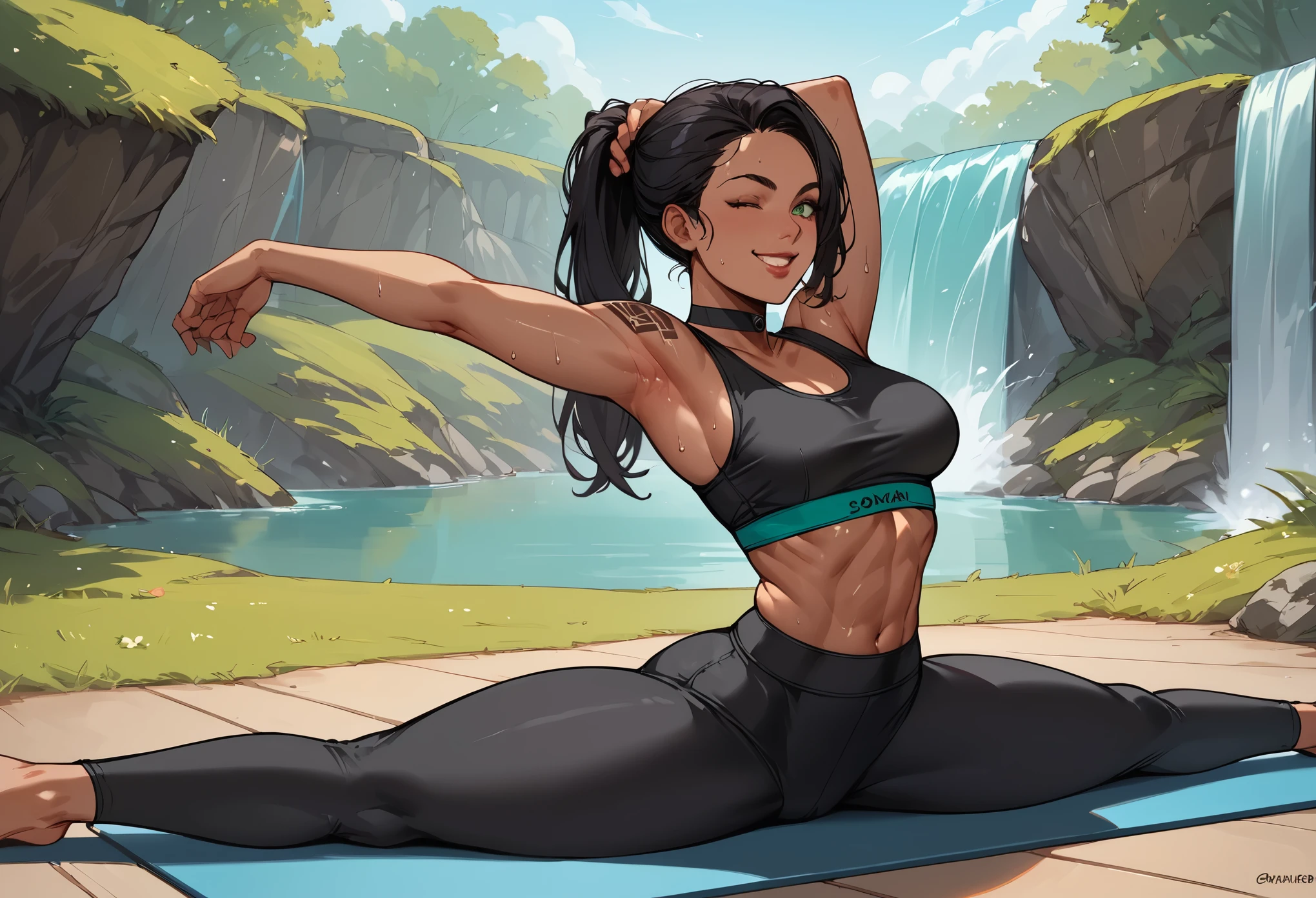 score_9, score_8_up, score_7_up, score_6_up, score_5_up, score_4_up, source_anime,1girl,athletic body,dark skin,sitting,crop top,long sleeves,yoga pants,upright,goth,arm behind head,grabbing own ass,black hair,long hair,ponytail,shoulder tattoo,on floor,horizontal splits,yoga mat,close up,shiny skin,godrays,sweat,revealing clothes,black choker,stretching,waterfall in background,on grass,yoga mat,,looking at viewer,wink,big smile,blush,green eyes, lips,lipstick,sweat, athletic girl, 