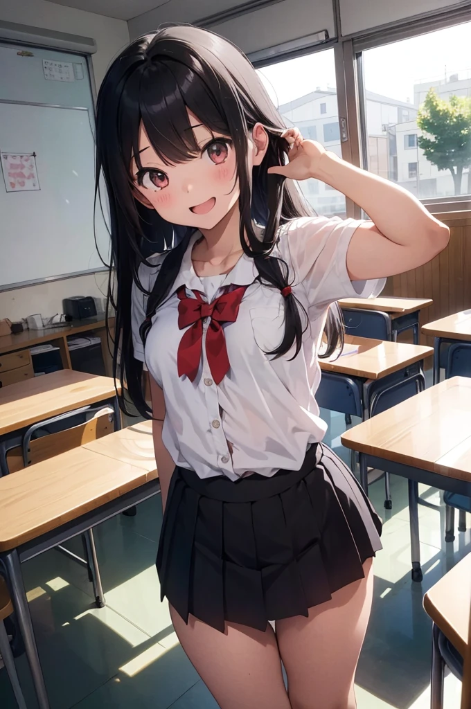 Highest quality,masterpiece,Black Hair,Friendly,One girl,Classmate,pubic hair,学生服を脱いでCompletely nakedを見せてくれる,classroom,laughing,Good guy,Pussy,Small breasts,Completely naked