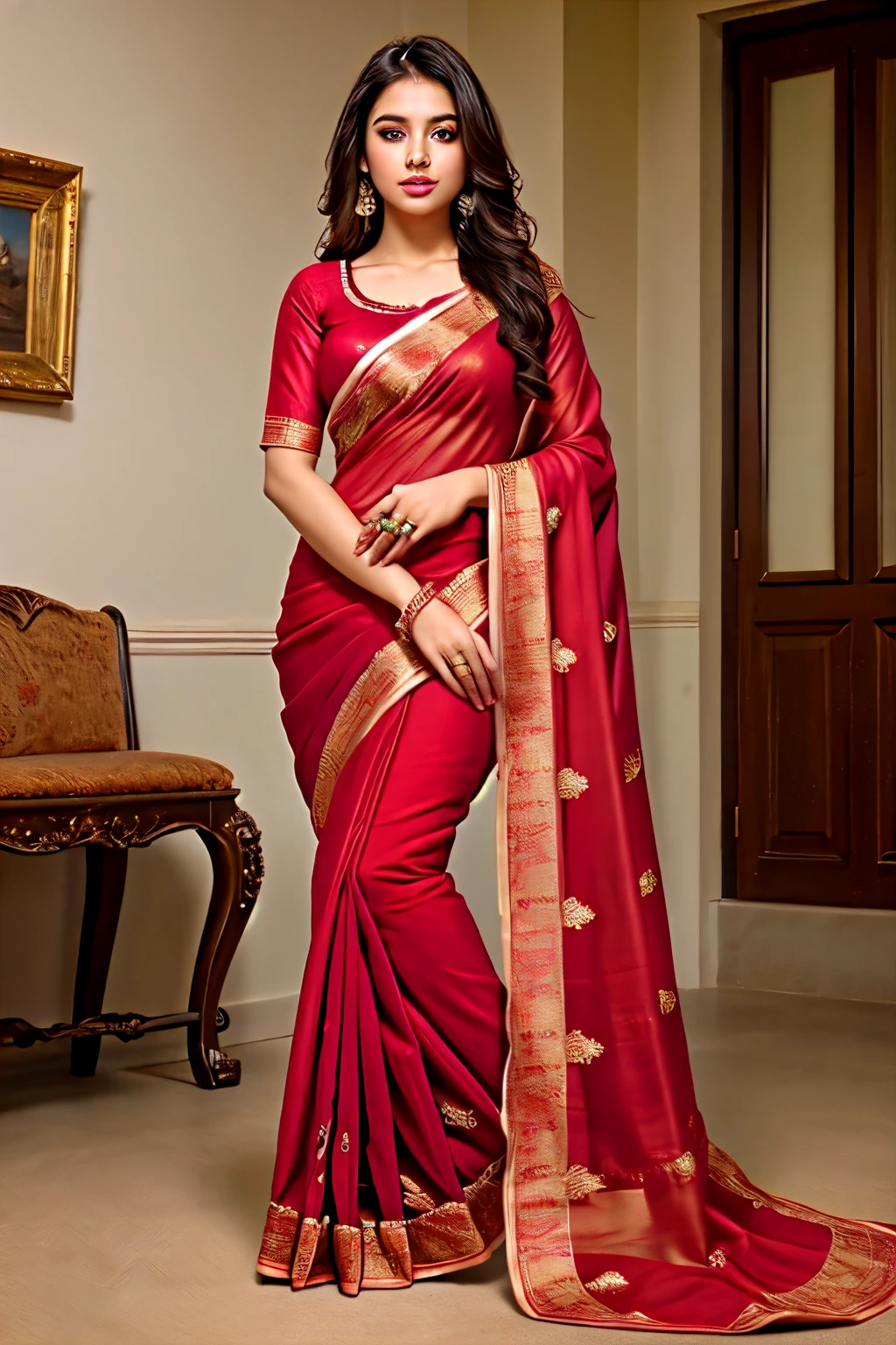 ((best quality)), ((masterpiece)), (detailed), Beautiful us woman traditional red full covered saree martiage hall 