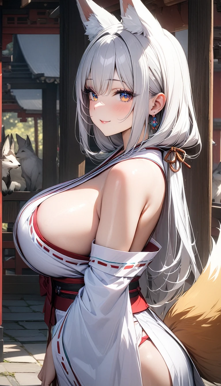 ((最high quality, 8K, masterpiece)), High resolution、(high quality: 1.5)、Very detailed、Detailed face、Bright colors、Natural light、Fine grain、Colorful eyes、Beautiful Face、非常にDetailed faceのテクスチャの女性,masterpiece, 最high quality, Detailed and beautiful eyes,最high quality、Best image quality、masterpiece,Shrine maiden,Big Breasts,Shrine maiden服,hakama,shrine,Fox ears,Fox Tail,Solemn,Main God,pray,(side view),side ,Silver Hair,Fox,mature female,smile,Just beautiful,masterpiece,最high quality、so beautiful,High resolution,1girl, 独奏,make up,smile,make,(masterpiece:1.2)、(最high quality:1.2)、Latest Glossy Skin