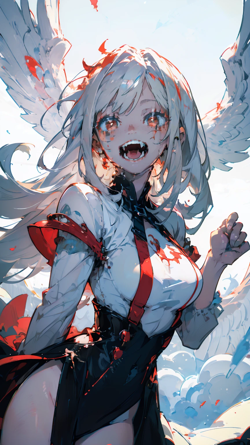 (woman\(A blood-red, dark angel halo is on his head., Angel Girl,Pure white hair,Red eyes, Pure white skin, White costume,The girl is laughing wildly with her mouth wide open,Eyes with dilated pupils,Scary,A large amount of dark red liquid drips from the mouth and eyes.,Crazy smile,Monster,Monster mouth,\) pure white world、Looking up at me,Attacking pose,Bleeding Wings (I&#39;m in the beautiful outdoors, Monster tentacles,Horror, mysterious,Blood Monster (Spooky background),quality\(8K,非常に精細なCGユニットのwallpaper, masterpiece,High resolution,top-quality,top-quality real texture skin,Surreal,Increase the resolution,RAW Photos,最高quality,Very detailed,wallpaper,Cinema Lighting,Ray-tracing,Golden Ratio\),Long Shot,Overall, it looks ephemeral.,The depiction range is from the waist up,qualityの高い顔の描写,High-resolution facial depiction,ephemeral,Low saturation,***********,1 person, evil spirit