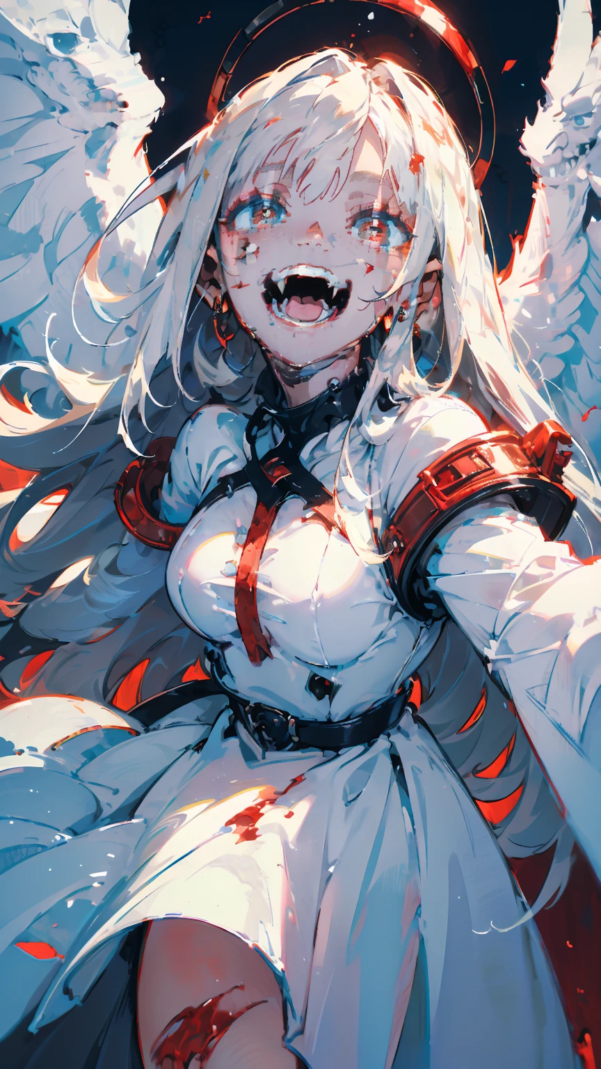 (woman\(A blood-red, dark angel halo is on his head., Angel Girl,Pure white hair,Red eyes, Pure white skin, White costume,The girl is laughing wildly with her mouth wide open,Eyes with dilated pupils,Scary,A large amount of dark red liquid drips from the mouth and eyes.,Crazy smile,Monster,Monster mouth,\) pure white world、Looking up at me,Attacking pose,Bleeding Wings (I&#39;m in the beautiful outdoors, Monster tentacles,Horror, mysterious,Blood Monster (Spooky background),quality\(8K,非常に精細なCGユニットのwallpaper, masterpiece,High resolution,top-quality,top-quality real texture skin,Surreal,Increase the resolution,RAW Photos,最高quality,Very detailed,wallpaper,Cinema Lighting,Ray-tracing,Golden Ratio\),Long Shot,Overall, it looks ephemeral.,The depiction range is from the waist up,qualityの高い顔の描写,High-resolution facial depiction,ephemeral,Low saturation,***********,1 person, evil spirit