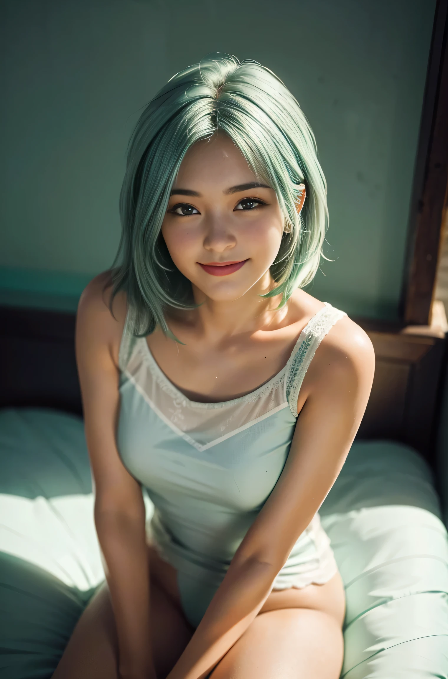 (1girl, 18 year olds),medium breasts, light green hair, smiling, realistic photo, well-proportioned body,  on a bed in a supine position, with thick pubic hair, legs spread open) (best quality, high-res, ultra-detailed), (vivid colors, natural lighting), (portrait, realistic painting), (soft, warm tones)