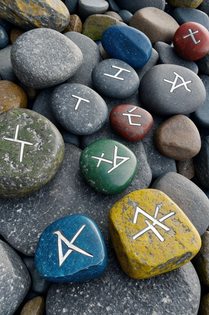 4 stones with runes written on them, one red, one blue, one green and one yellow