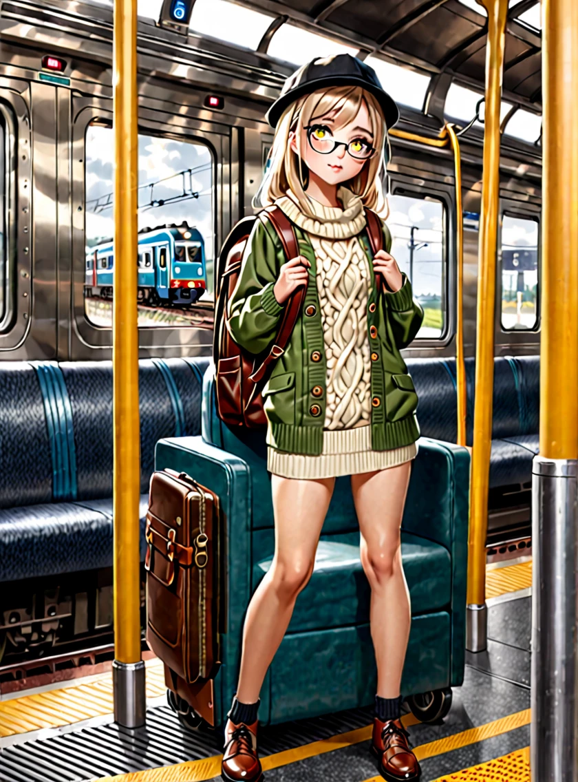 (semi realistic-ani style art) A  around  or 16old wearing a black and yellow outer school,... the inner clothes is casual clothes, with green clothes is knitted material into neck, and use long leather shoes. with backpack, she uses black hat. holding black glasses and smartphone... With a train in the background. And the pose of a recliner standing at the train door... Background effect of train tickets flying... And the girl's eyes seemed to shed a little tear