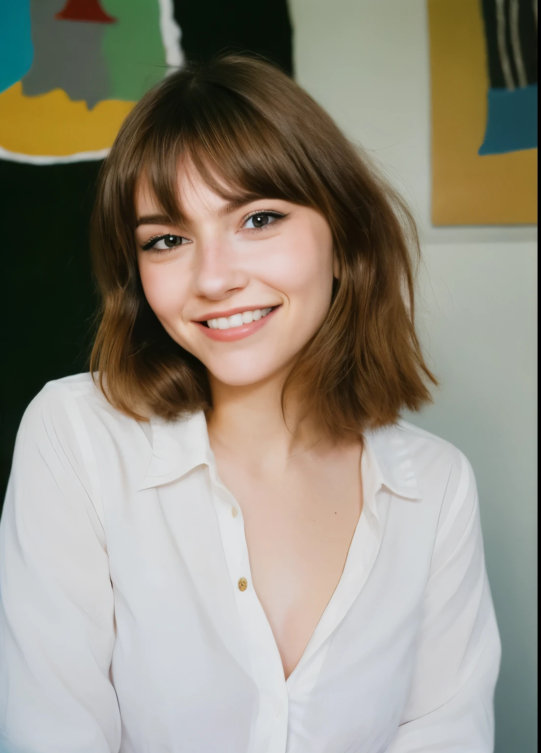 portrait of woman SavannahBrown, looking at viewer, highly detailed, film grain, 35mm photograph, professional, 4k, highly detailed, smile girl, girl is wearing a white shirt, which she is unbuttoning