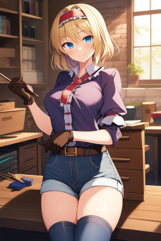 ((best quality)), ((masterpiece)), (detailed), 1girl, Touhou, Alice Margatroid, artisan, artisan tools, artisan workplace background, feminine short jeans, short tube topmedium sized breasts, artisan gloves, holding artisan tools smiling expression