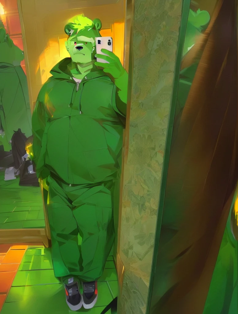 masterpiece, high quality, anime, detailed eyes, male jinpei, anthro, bear, Great physique, strong arms manly, Casual suit, (((green bear))), (((green fur))), green hair, beard, white eyebrows, bald, detailed red eyes, tall, Joyful, arafed man taking a selfie in a mirror in a room, wearing a fisher 🧥, wearing a baggy,  full body picture, wearing jeans and a black hoodie, profile picture 1024px, headshot profile picture,