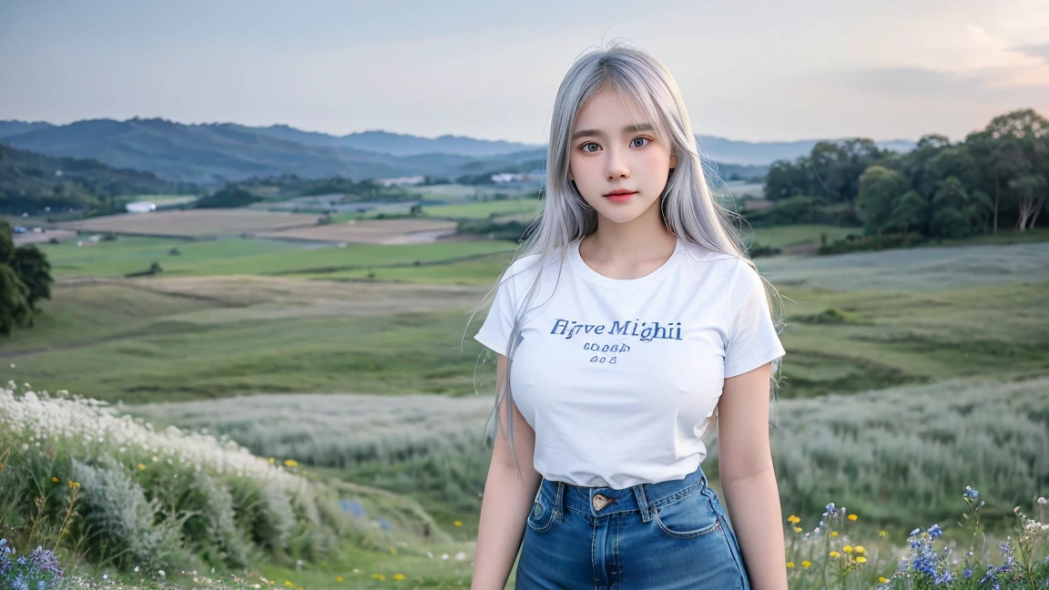 (4 Girls), Indonesian baby face, 20 years old,long hair, white skin, big breast, blue eyes, meadow, silver hair, 8K, The details are very realistic..., There is a lot of light..., The best of photography Wear a jeans skirt. white t-shirt (4 Girls)