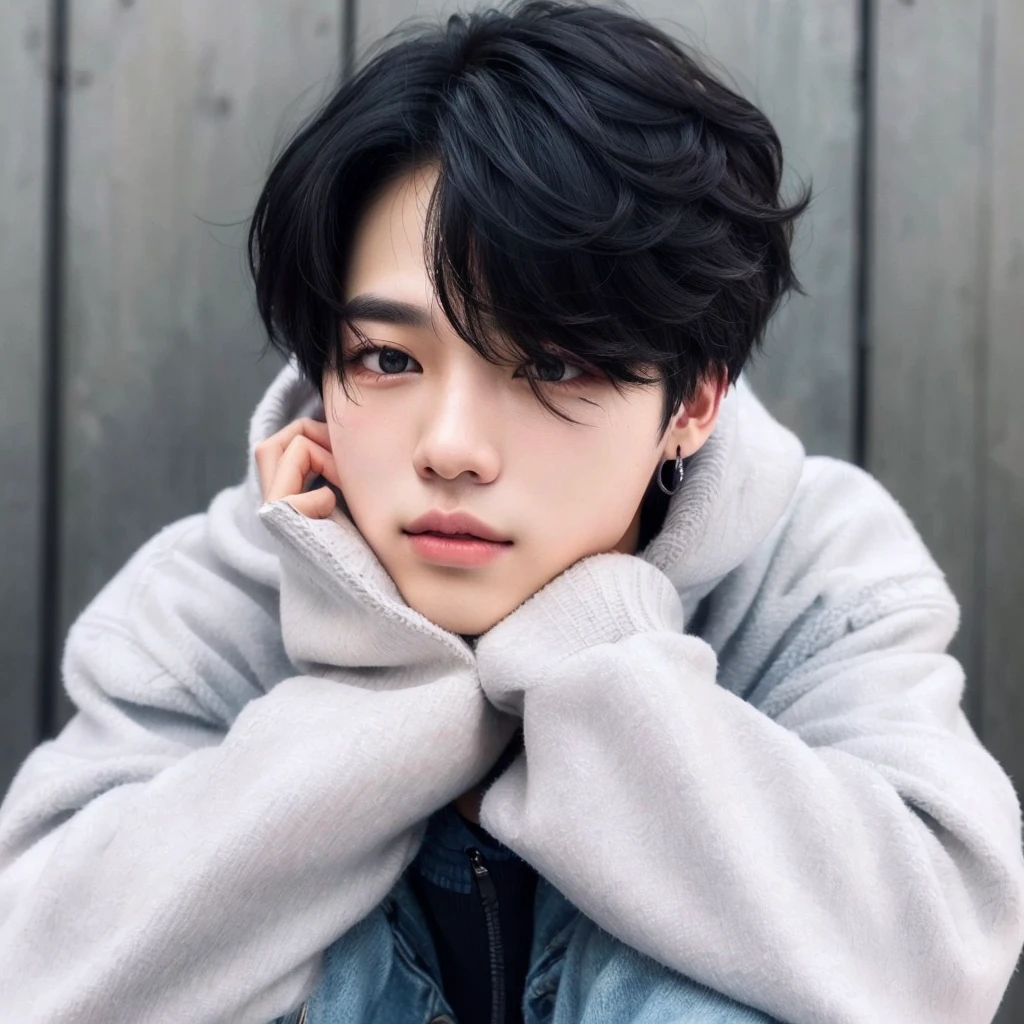 a close up of a person in a hood and a sweater, park Jimin, Jimin, Jimin\the full lips, accurate Jimin face, Jimin\the Greek nose, Jimin\the right eyelid is swollen, Jungkook, Tae June Kim, hyung tae, profile picture with headshot, Kim Doyoung, with short hair, Hong Jun Hyung, Ulzzang spacious