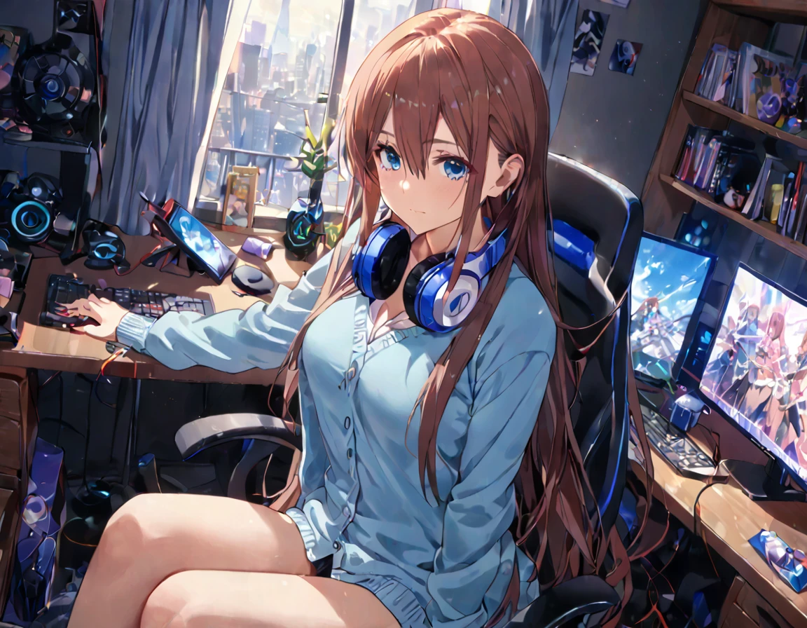 (A girl lounging in her bedroom), (a PC monitor turned on, a gaming chair), (a cluttered room), (fetal position), (perfect face), Sparkling, (masterpiece, best quality), (absurdres absolutely resolution), (8k), (detailed illustration), (super fine illustration), (professional lighting), (vivid color), detailed beatiful face, detailed beatiful eyes, detailed beatiful hair, perfect body, perfect hands, dynamic pose, dutch angle}, , looking at view, ermikunakano,, miku nakano, long hair, bangs, blue eyes, brown hair, shirt, hair between eyes, cardigan, headphones around neck, mature female, medium breasts