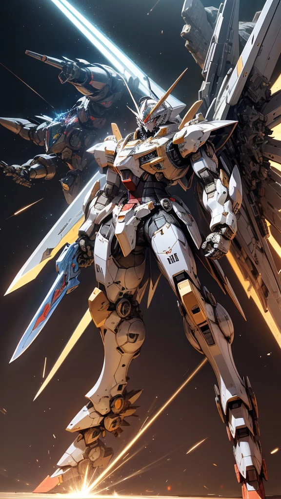 Mecha made from meteorite, mech shaped medieval knight armor, heavy sword made out of laser, 2 pair of wings made laser, energy core made from tiny sun in chest part, Chaotic looking mech, Gundam styled mecha.