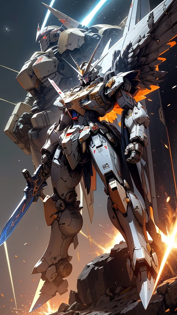 Mecha made from meteorite, mech shaped medieval knight armor, heavy sword made out of laser, 2 pair of wings made laser, energy core made from tiny sun in chest part, Chaotic looking mech, Gundam styled mecha.