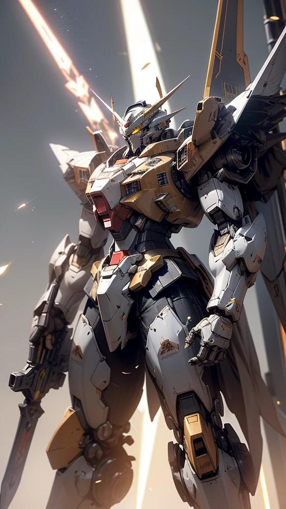 Mecha made from meteorite, mech shaped medieval knight armor, heavy sword made out of laser, 2 pair of wings made laser, energy core made from tiny sun in chest part, Chaotic looking mech, Gundam styled mecha.