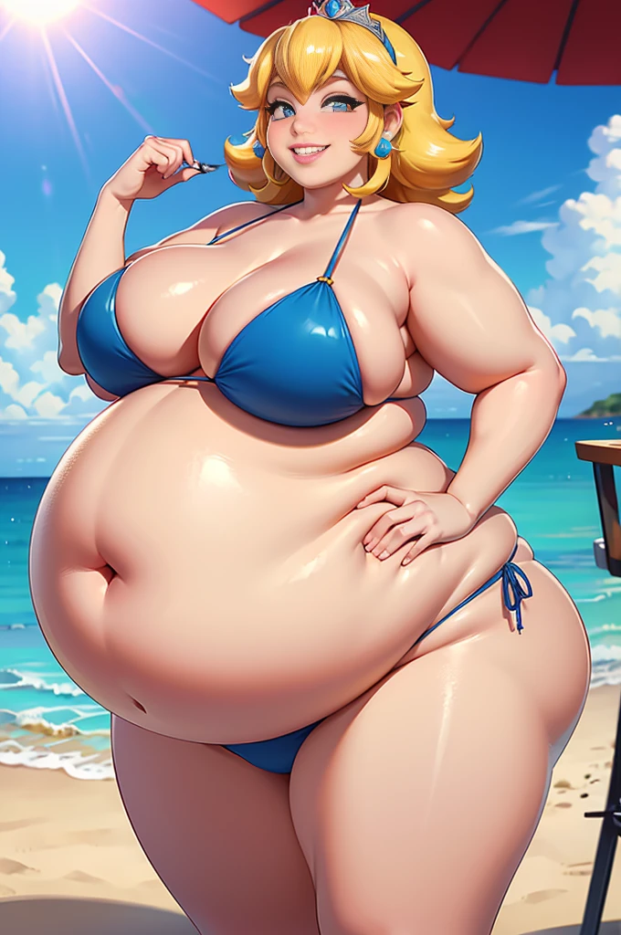 fat and pregnant seductive evil princess peach, evil grin, obese, overweight, bbw, big luscious lips, chubby, plump, bbw, big breasts, bikini, sunny seaside