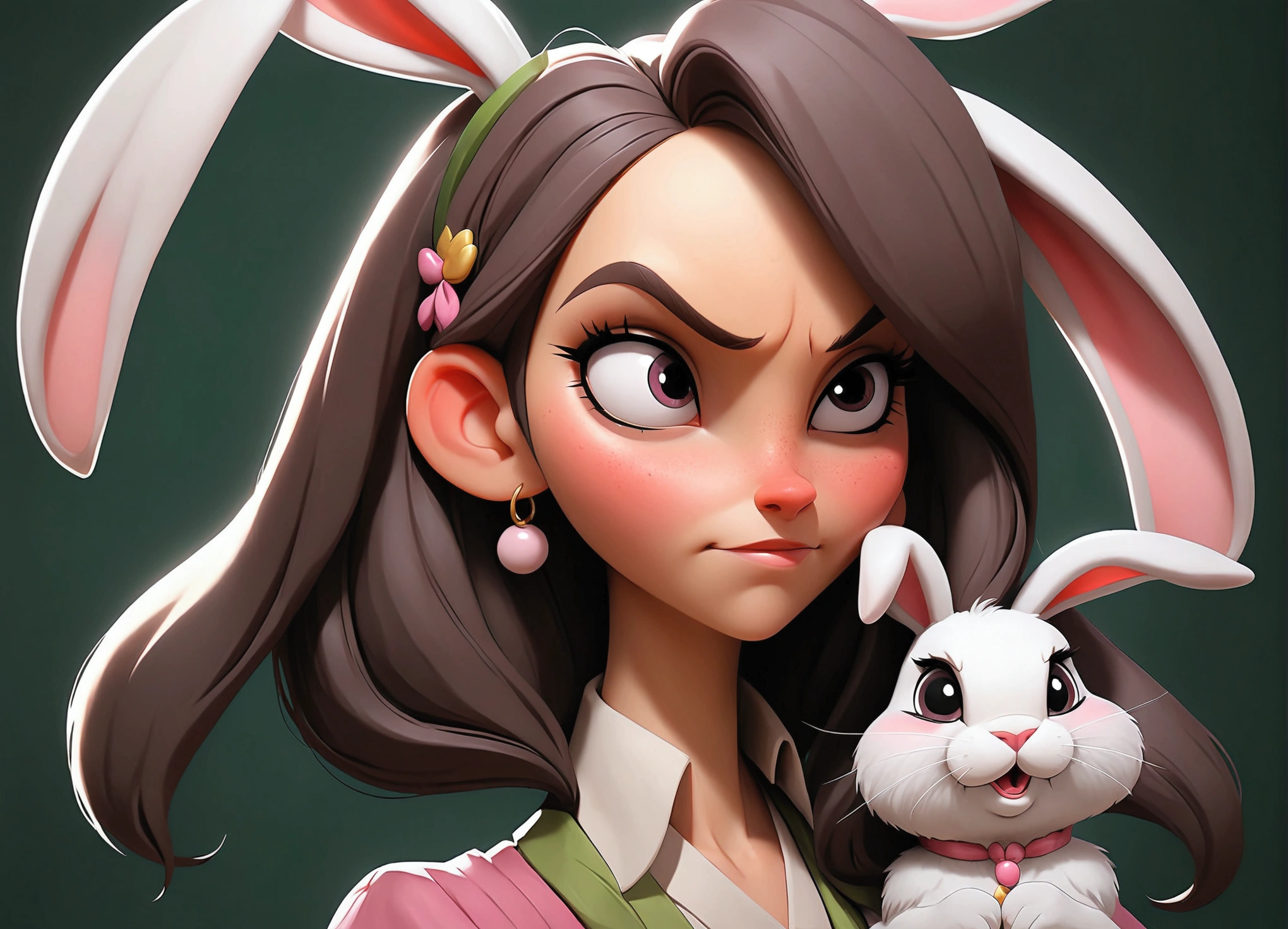 anime-style, a close-up of a caricature of a woman with ears and a rabbit tail, with bunny tail, with bunny ears, Girl design, evil, portrait, Subscribe to, Anime picture, lange hair, pinkies Hair, hair, that cover the ears, Happy, polished and powerful look, exotic, large  