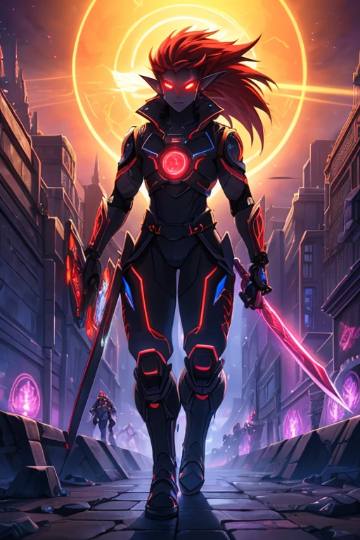Niji mode. Full body, vampire elf wizard, secret agent, wearing a thin and elegant suit with glowing magic circuits, holding a long sword with glowing magic carvings and long handle, technological boot with glowing magic circuits, ruby eyes, dark red hair, orange skin , bright red tattoos, ruby piercings, looking at the viewer, detailed face. Atompunk, android, cyborg, mechanical parts with magic stones, magic glowing eyes, advanced technology mixed with magic, magic circuits, gears made of magic materials, developed by Technological Magic. Walking in the middle of a magical atompunk metropolis mixing technology and vegetation, particle effects, wide and deep scenery, with multiple planes of depth, cinematic and dynamic scene with a sense of movement, view of magical bright lights reflecting the scene, stylish pose, aura lights, glowing technological cables, epic atmosphere, magic tools, old anime style, Studio ghibli, metal hurlant, artbook, RPG fantasy.
