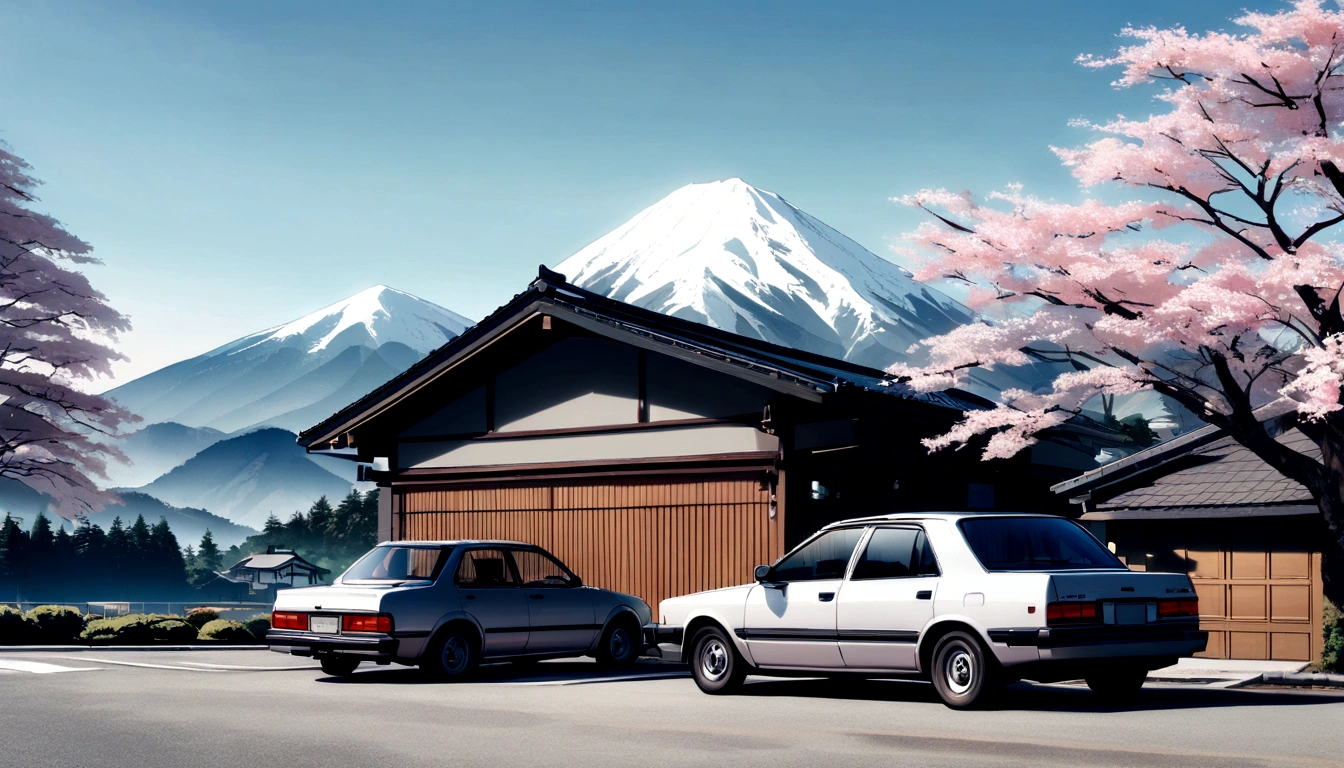 Toyota corolla 1990 parked in front of a modern house with japan mountain landscape with spring and trees