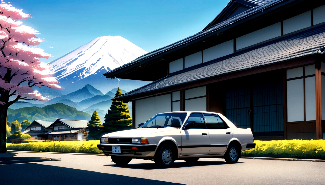 Toyota corolla 1990 parked in front of a modern house with japan mountain landscape with spring and trees