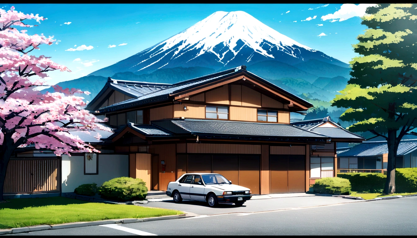 Toyota corolla 1990 parked in front of a modern house with japan mountain landscape with spring and trees