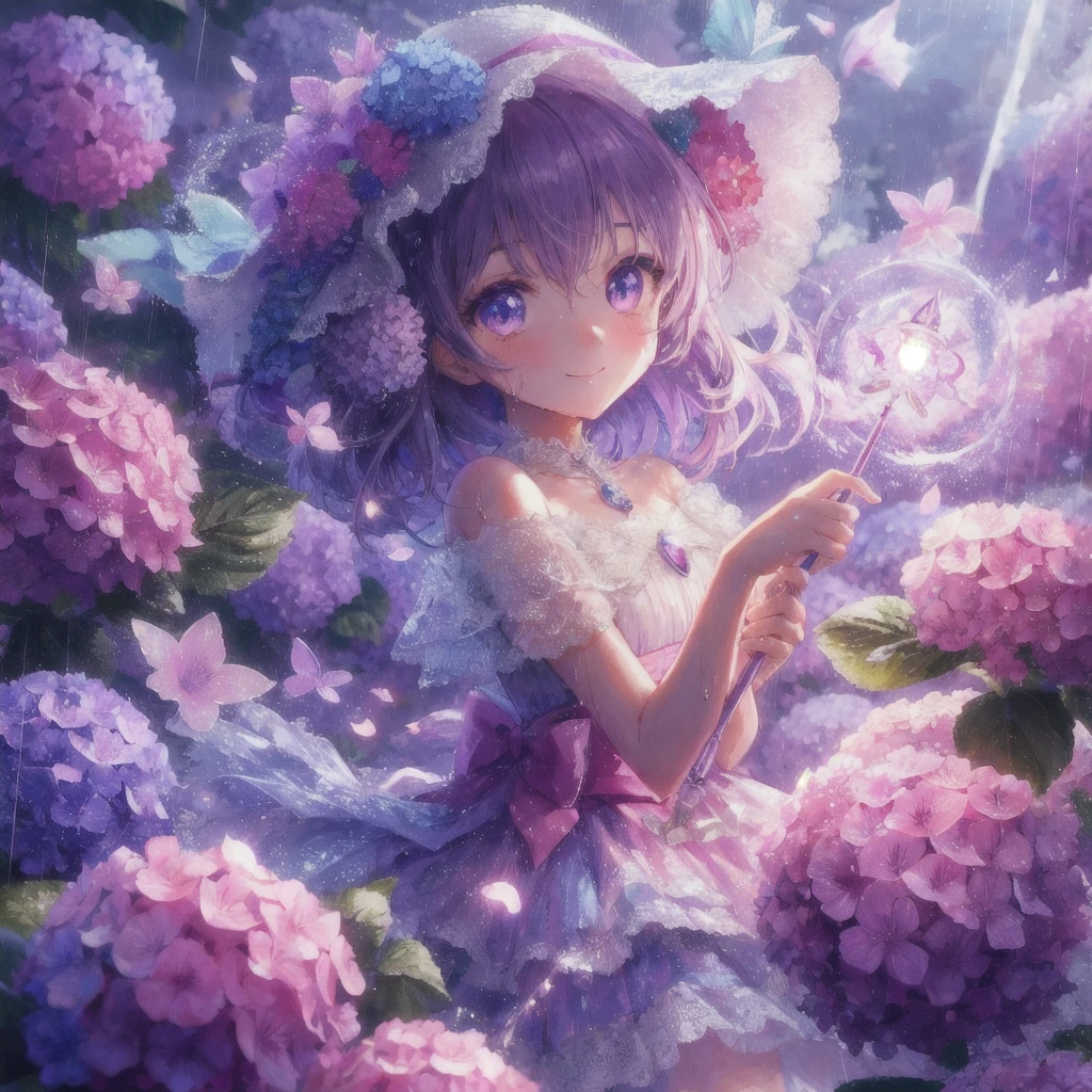 1girl, smile, anime screencap, flat color, The hydrangea petals are wet with rain, shining more vividly. Standing among them is a magical girl. Her dress blends with the color of the hydrangeas, as if she were a flower herself. When she swings her wand, the surrounding hydrangeas emit light all at once. The light swirls around her, enveloping the surroundings with magical power. Her eyes are a deep purple like the hydrangeas, and they harbor a strong will and kindness.