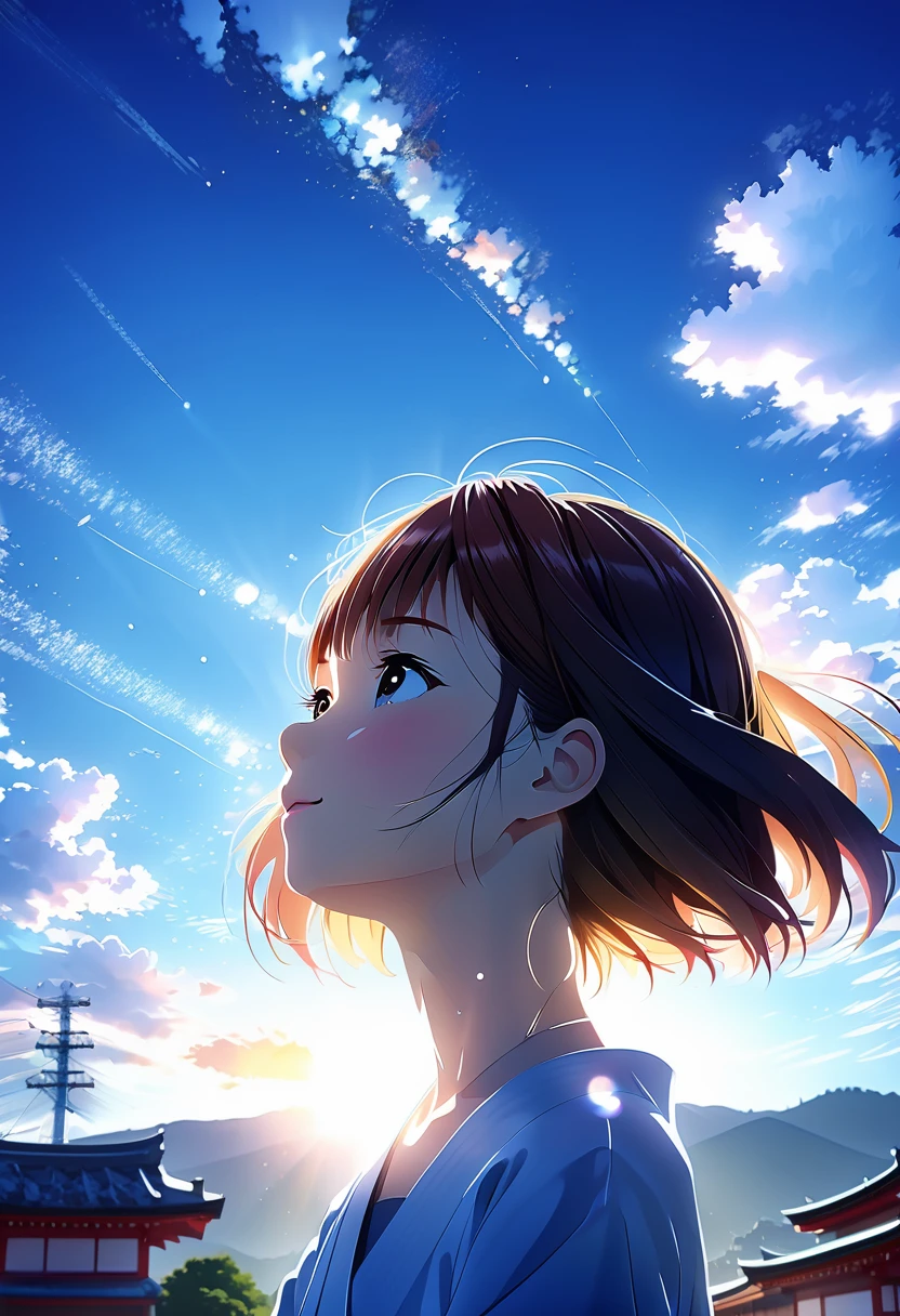 (Cinematic digital work of art: 1.3), high quality, masterpiece, top quality, super detail, illustration, [4K Digital Art]!!、 Kyoto in animation style, one woman, clavicle Beauty, clavicle, world, Hope, blue sky, positive, test, motivation, shine, Dynamic perspective