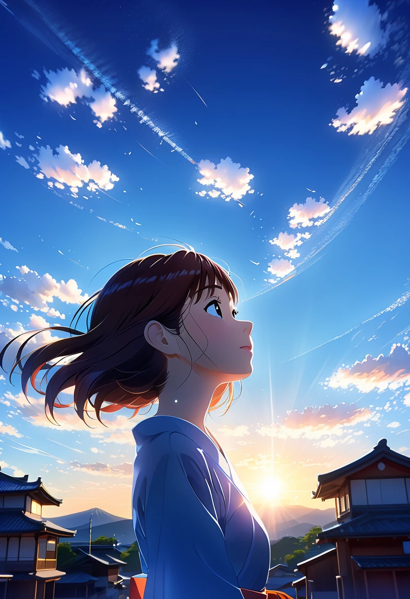 (Cinematic digital work of art: 1.3), high quality, masterpiece, top quality, super detail, illustration, [4K Digital Art]!!、 Kyoto in animation style, one woman, clavicle Beauty, clavicle, world, Hope, blue sky, positive, test, motivation, shine, Dynamic perspective