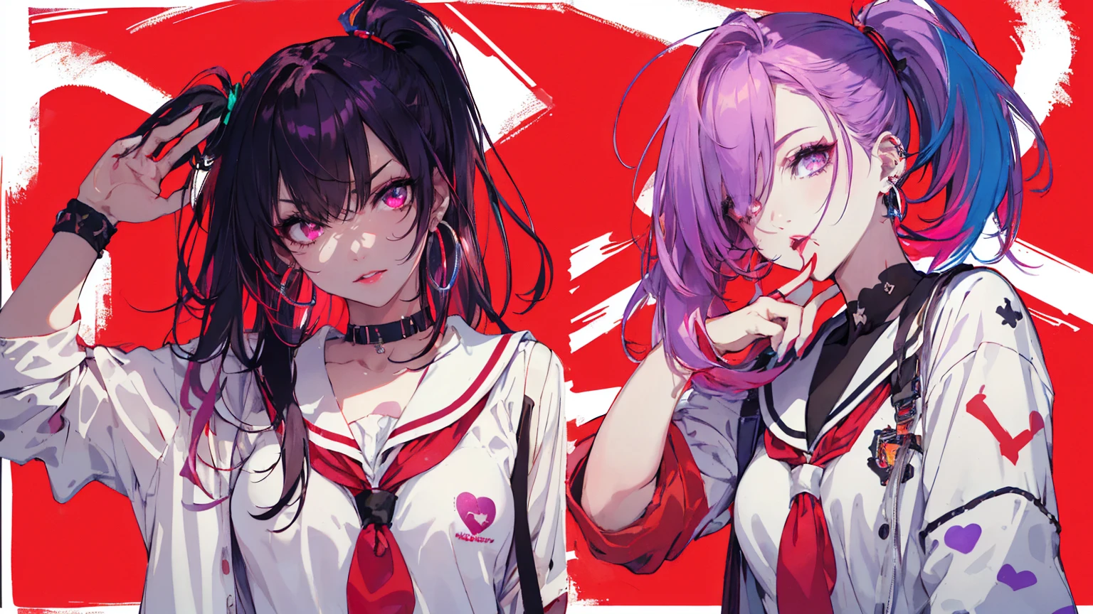 hair above one eye, Purple eyes, Clear Eyes, choker, Neon Shirt, torn legwear, open jacket、Blue pubic hair catches my eye,Bright red background、Red background, graffiti, Shineing grafiti, Shineing tattoos, Shine, Neon Light, Black light,Anime Style, movie portrait photography, 1 female, 22 years ago, Whole Body Ezbian,Big and ample breasts, anger, (Scarlet Hair), Long Hair, Purple eyes, wearing a short black dress, (Natural skin texture vivid details, Surreal, (Realistic eyes, Natural skin texture, Realistic facial details), Soft and dramatic lighting, Written boundary depth, Bokeh, vivid details, Surreal, 35mm movie, Absent-minded, movie,lipstick, ear piercing, eye shadow, Hoop Earrings, red pink lips, multicolored red eyes, Red background,Beautiful Eyes,Bold Pose、Strike a Pose,upper ponytail,drooping bangs,Droopy eyes、((school uniform))、high school girl