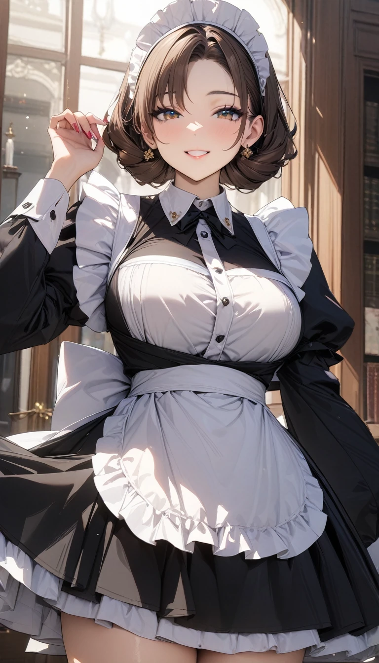 ((最high quality, 8K, masterpiece)), High resolution、（high quality: 1.5）、Very detailed、Detailed face、Bright colors、Natural light、Fine grain、Colorful eyes、Beautiful Face、非常にDetailed faceのテクスチャの女性,masterpiece, 最high quality, Detailed and beautiful eyes,最high quality、Best image quality、masterpiece、Mr.々Hairstyle,girl,(Brown Hair),Just beautiful、smile,masterpiece、最high quality,mature female,so beautiful、High resolution,(Rich:1.3),(noble:1.3),1 person,(Maid:1.3),clear,make,(nobleの館:1.3),(smile)、smile,(masterpiece:1.2)、(最high quality:1.2)、Latest Glossy Skin