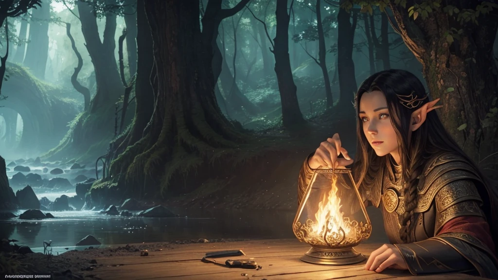 Fëanor from LoTR, Elfen King, Elven Forge, Advertising art for films, Middle Earth, film artwork, Illustration, handsome guy with brown hair, big beautiful eyes, wunderschöner himmlischer Magikr, beautiful avatar pictures, bright colours, Vibrant lighting, (photorealisti,realisti:1.37), (best quality,masterpiece:1.2), Ultra-detail, Fine painting, Magik, wonderland, Fantasies, anime-style, alone in the picture. one person