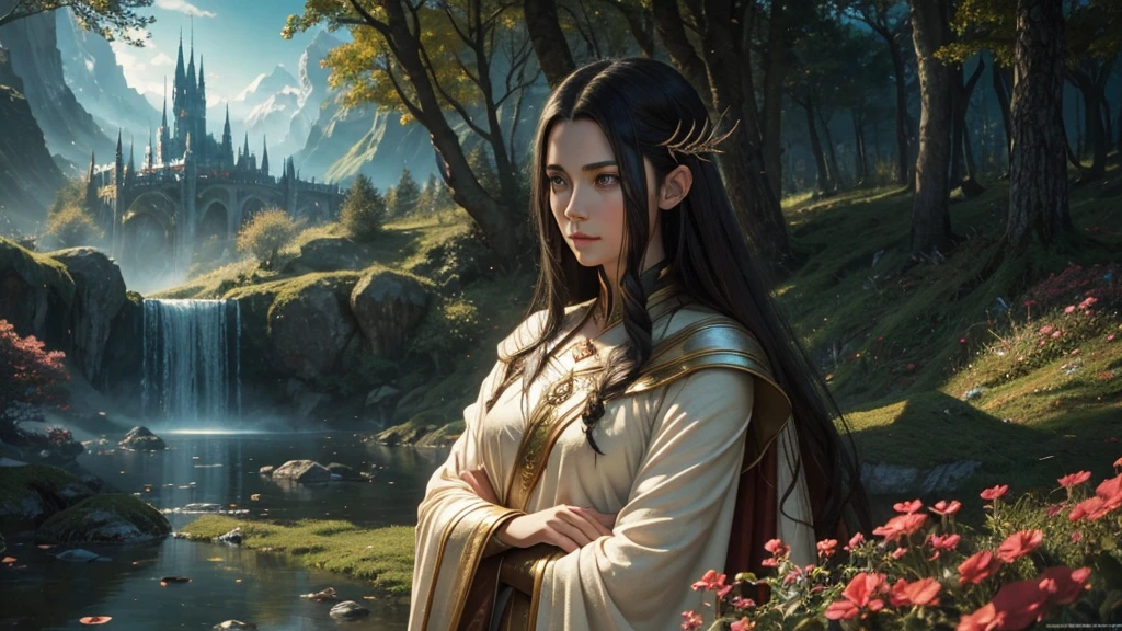 Fëanor from LoTR, Elfen King, Elven Forge, Advertising art for films, Middle Earth, film artwork, Illustration, handsome guy with brown hair, big beautiful eyes, wunderschöner himmlischer Magikr, beautiful avatar pictures, bright colours, Vibrant lighting, (photorealisti,realisti:1.37), (best quality,​masterpiece:1.2), Ultra-detail, Fine painting, Magik, wonderland, Fantasies, anime-style, alone in the picture. one person