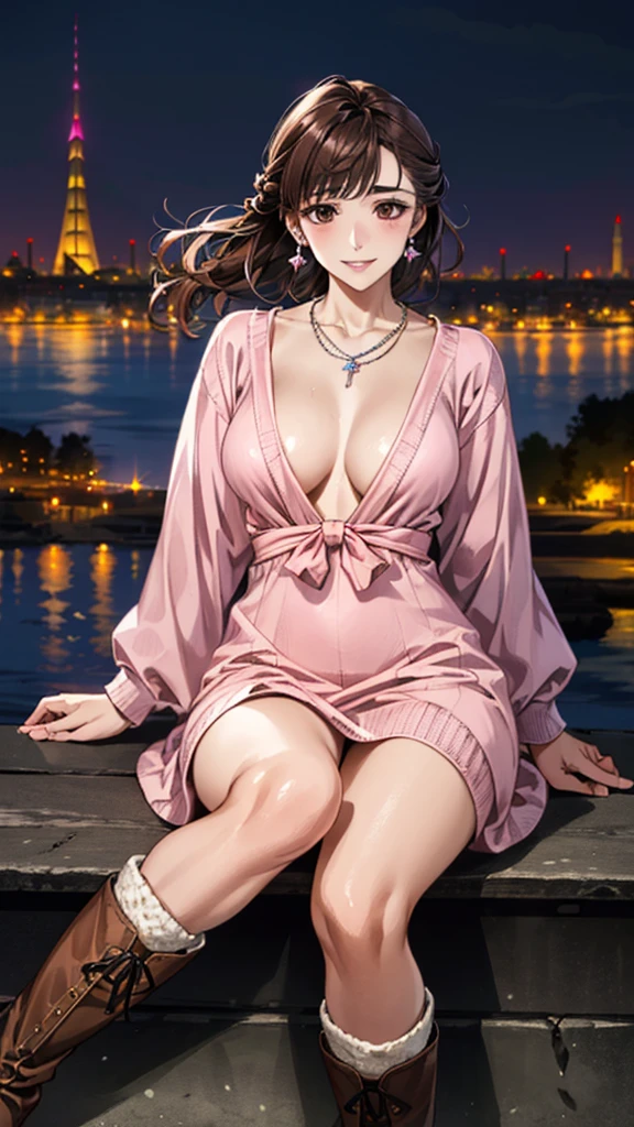 (masterpiece:1.3, Highest quality, Ultra-high resolution, Super detailed), (Realistic, photoRealistic:1.4), Beautiful illustrations, Perfect lighting, colorful, Depth of written boundary, Beautiful detailed hair, Beautifully detailed face, Beautiful fine details, Droopy eyes、Beautiful clavicle, Beautiful body, 美しいLarge Breasts, Beautiful thighs, Beautiful feet, Beautiful fingers, View Viewer、Front view:0.6, Beauty1人, Japanese, Beauty、30 years old, Perfect Face, (Perfect Anatomy, Anatomically correct), Cute and symmetrical face, , , Shiny skin, (Pink long sleeve knit A-line dress:1.4) 、(short boots:1.3)、(Dark brown hair, Updo Hair:1.4), braided bangs、Dark brown eyes, Large Breasts, Slim body, necklace, Small earrings:1.1, (Beautiful views), (night), (city, cityscape in the distance), Riverside、 A soft smile、(Smile, Lips parted),