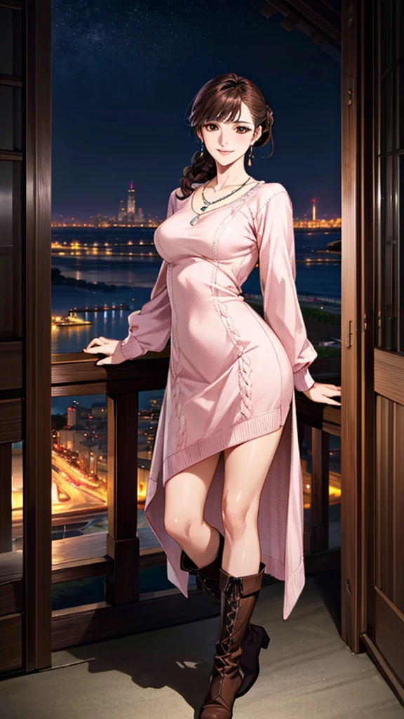 (masterpiece:1.3, Highest quality, Ultra-high resolution, Super detailed), (Realistic, photoRealistic:1.4), Beautiful illustrations, Perfect lighting, colorful, Depth of written boundary, Beautiful detailed hair, Beautifully detailed face, Beautiful fine details, Droopy eyes、Beautiful clavicle, Beautiful body, 美しいLarge Breasts, Beautiful thighs, Beautiful feet, Beautiful fingers, View Viewer、Front view:0.6, Beauty1人, Japanese, Beauty、30 years old, Perfect Face, (Perfect Anatomy, Anatomically correct), Cute and symmetrical face, Baby Face, , Shiny skin, (Pink long sleeve knit A-line dress:1.4) 、(short boots:1.3)、(Dark brown hair, Updo Hair:1.4), braided bangs、Dark brown eyes, Large Breasts, Slim body, necklace, Small earrings:1.1, (Beautiful views), (night), (city, cityscape in the distance), Riverside、 A soft smile、(Smile, Lips parted),