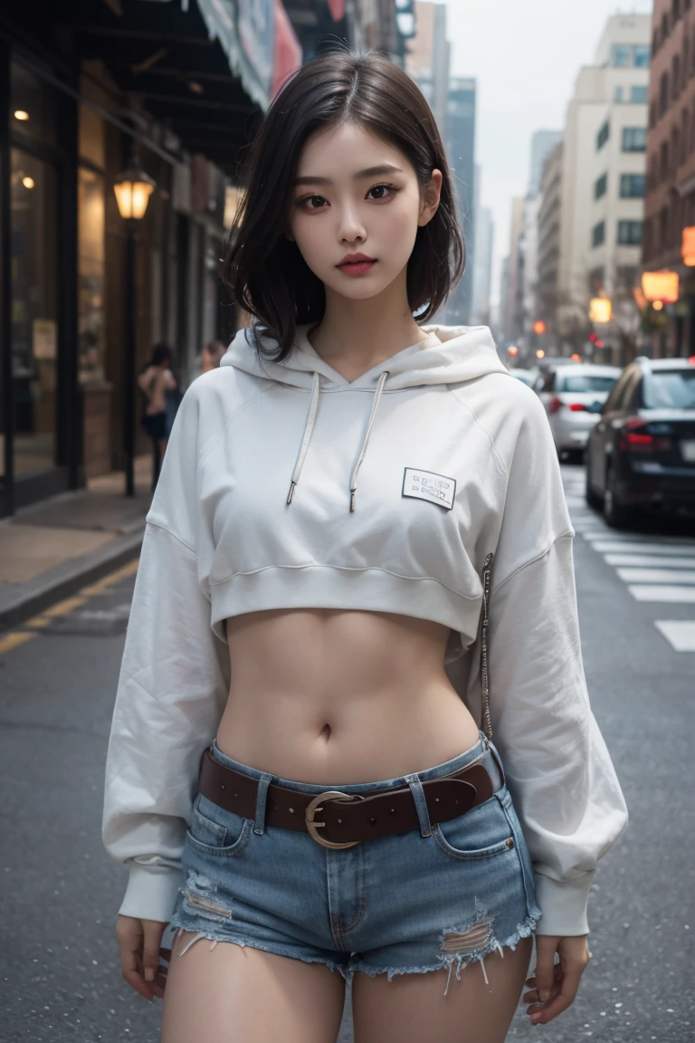 Girl in street scene, Hip-hop belly-baring hoodie, Exposed lower abdomen,Low-rise shorts, Metal belt,((cowboy shot)),Looking at the camera,Detailed facial features, beautiful eyes, Lips, and long eyelashes, Reality, 8K, HD real skin,Visible pores,Very detailed, Studio Lighting, Dramatic Lighting, Vibrant colors, work, City Streets,The abdomen is open,Showing belly,Sexy abdominal muscles