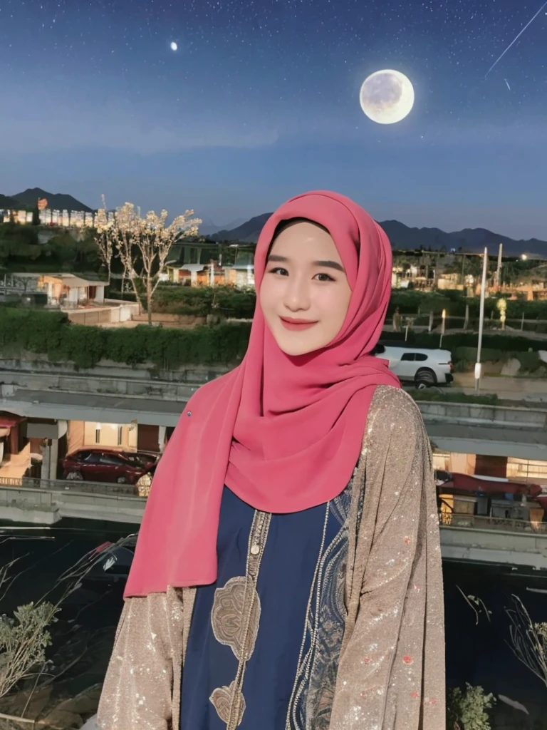 medium shoot a Korean woman wearing a hijab, silver jacket, beige jeans, smiling sweetly with a happy expression on a very starry night. Big pink moon behind the mountains. The calm lake reflects the night. realistic scene, detail, Photorealism, 32k