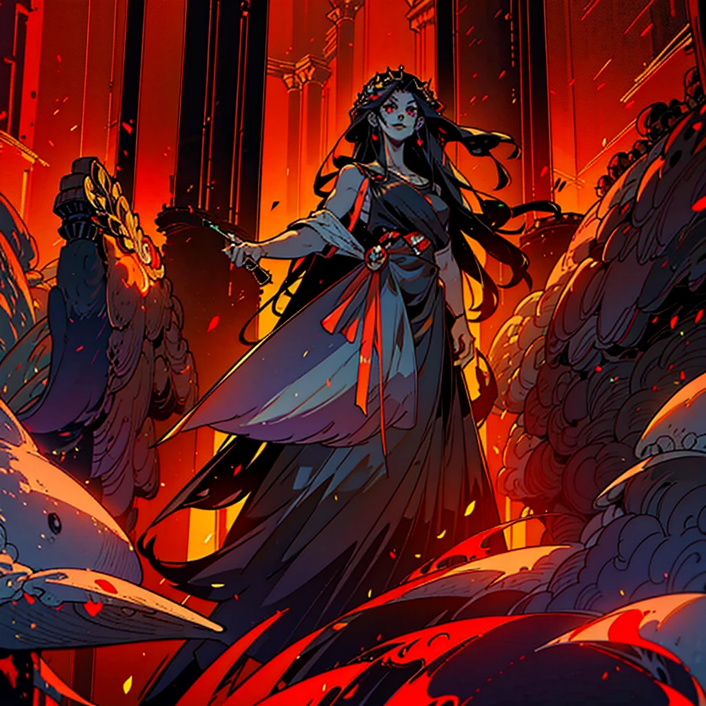 1girl, alone, 25 years old, young, black hair, red eyes, insister sur les reflets des yeux rouges, cheveux noirs, long hair, boss, black outfit, black clothes, black pants, frowning, hades style, hades game, Jen zee style, greek themed image, greek background, thanatos, tartarus scenery, fumes, greek columns in background, lots of columns, greek architecture, white themed image, white furniture, red touches of color, orange walls, looking at viewer, holding the stygian blade hades game wiki, hades, game, wiki, obols, stygius