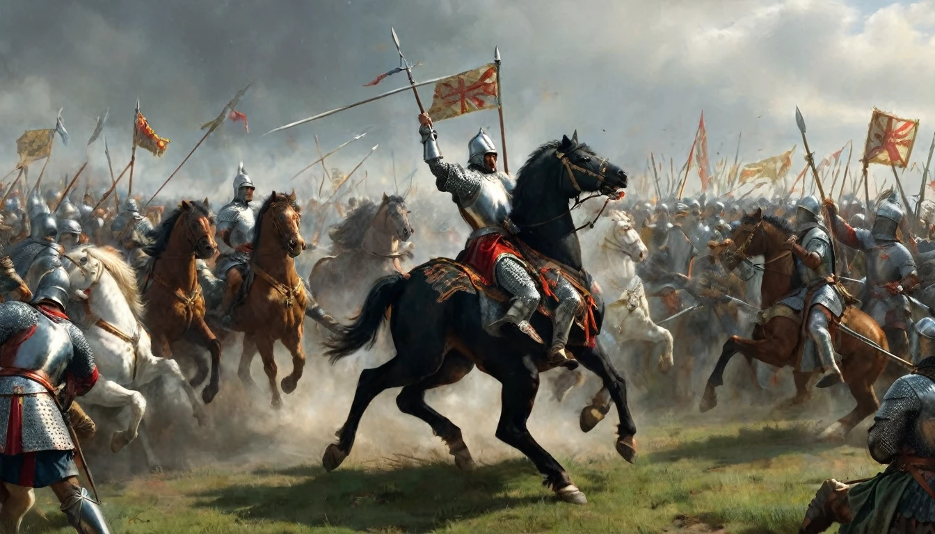 14th century, the Black Prince at the Battle of Poitiers. In the center of the scene, the Black Prince, Edward of Woodstock, is mounted on an imposing war horse, dressed in dark armor and adorned with the royal coat of arms. His expression is fierce and determined as he leads his troops. Around him, the battle rages intensely: knights in plate armor clash with swords and spears, English archers fire a hail of long arrows, and soldiers fight hand-to-hand. The battlefield is covered in rubble, banners flutter in the wind, and the noise of combat fills the air. The sky is gray, adding a somber and dramatic atmosphere to the scene, as the Black Prince leads his men to victory., Hyperrealism, UHD, retina, masterpiece, accurate, anatomically correct, textured skin, super detail, award winning, 8k
