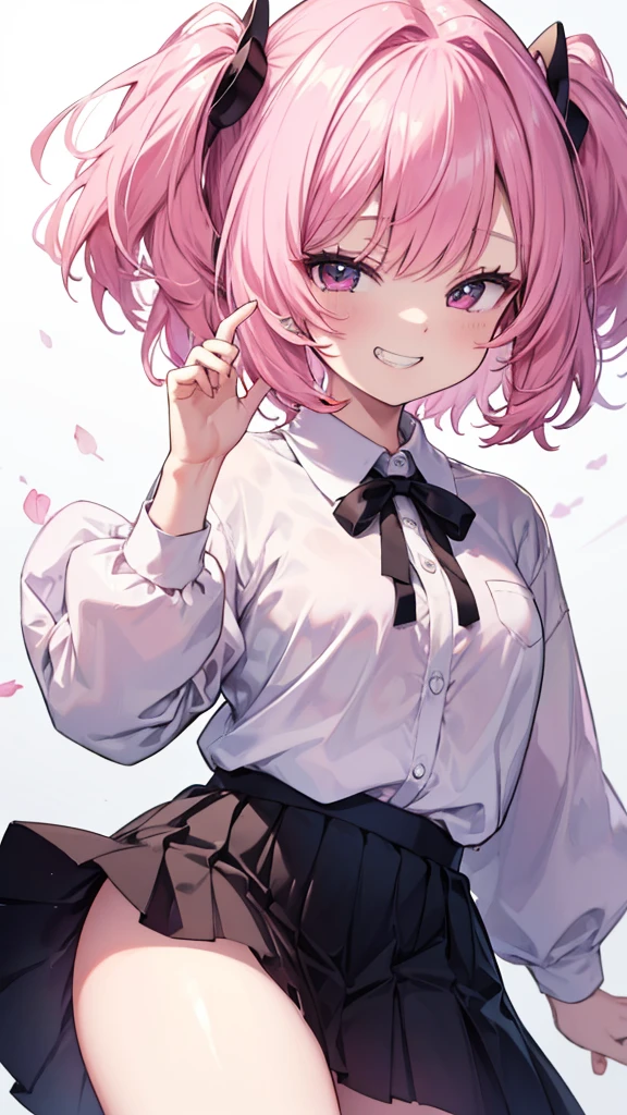 (8K、Highest quality、Highest quality、masterpiece)、Detailed face、One Woman、 Pink Hair、short hair、Open your mouth,Look down on me、Wicked Smile、Simple clothes,((Grin))、((shirt))、((skirt))