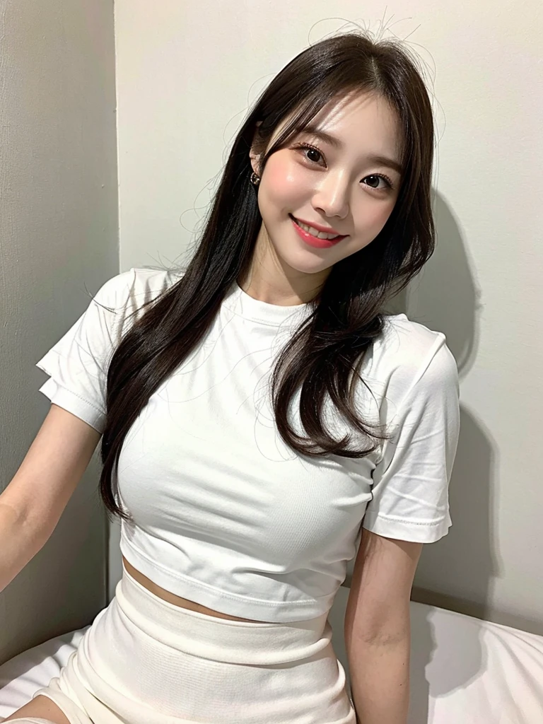 White tight shirt、White tight mini skirt、bed、smile、Short sleeve、High resolution、Korean idol face、double eyelid、White teeth

