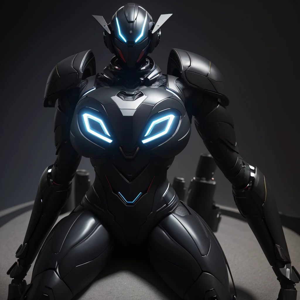 Dronificated unknown woman in a fully enclosed black skin tight latex fullbody suit with black lights across the suit and heart shaped glowing core in the chest, fully enclosed cyber helmet that cover her whole face and hides her identity with a gundam face, huge breast, narrow waist, wide hips and thick thighs, in a storage facility, no face, no hair, no mouth, no eyes, (masterpiece), (highres) (full body)