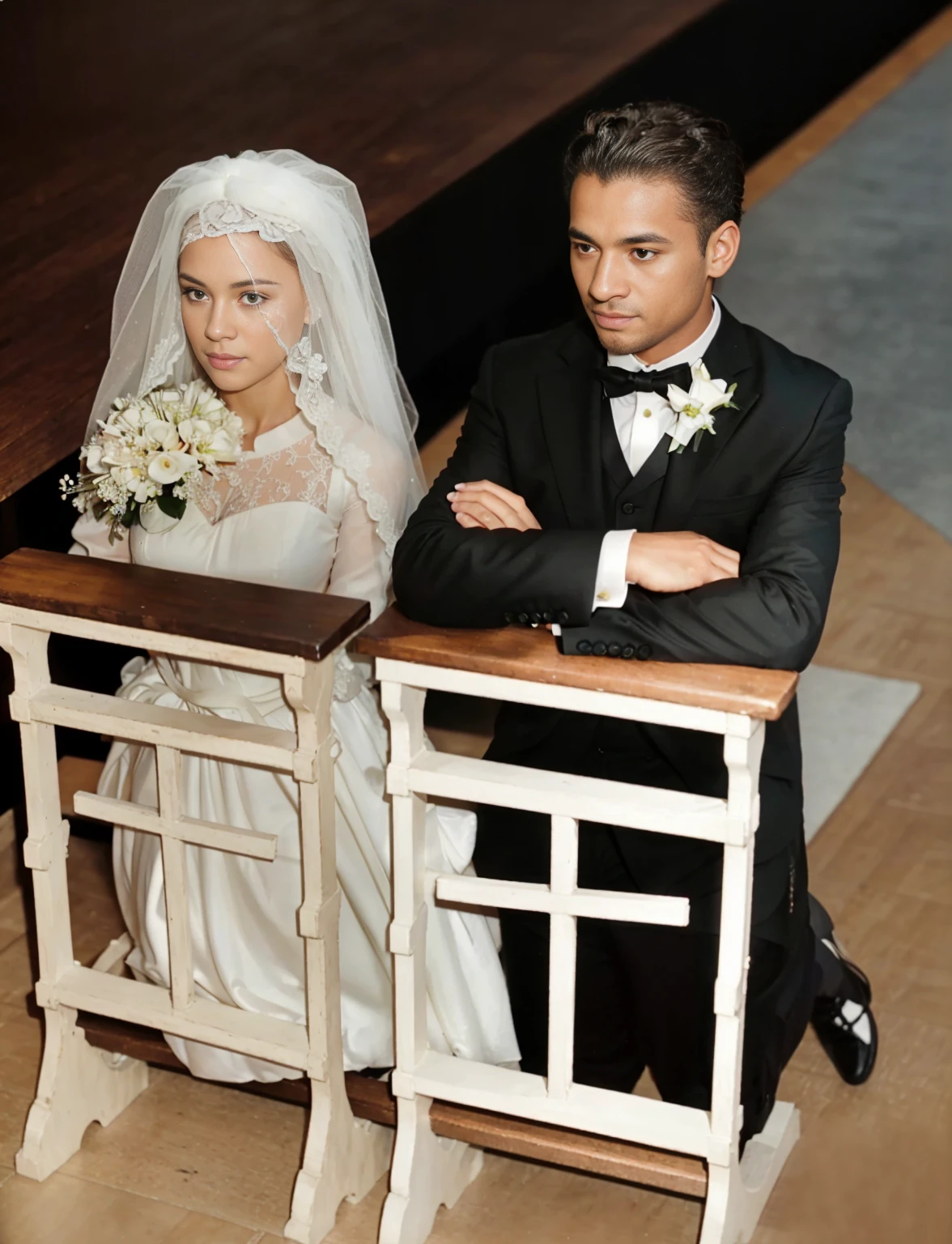 high quality, best quality, photo-realistic, raw-photo, ultra-detailed, High definition, masterpiece, intricate details, detailed texture, finely detailed, 60s photo, portrait of bride and groom from America, the bride's dress is white, black men's suit, kneeling pose, bridal flowers,