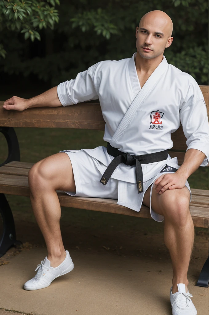 ((8k ((best quality)), ((masterpiece)), (very detailed), real face bald male muscular male full body wear karate suit sit on bench