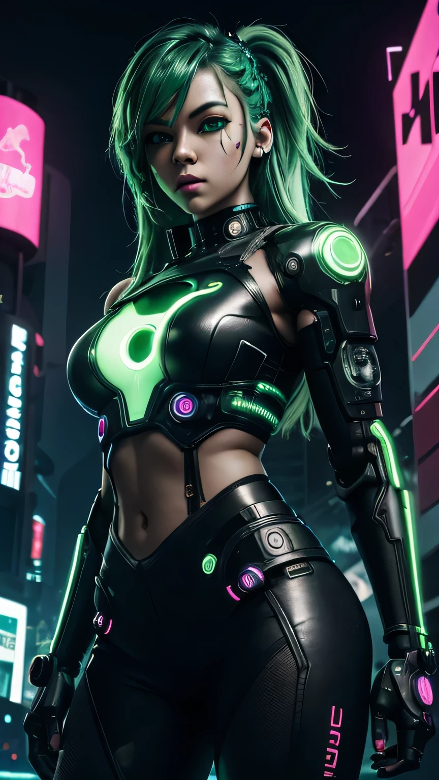 cyborg girl, robot hand, black eyes, cyberpunk city background, neon light, green hair, masterpiece, ultra high details