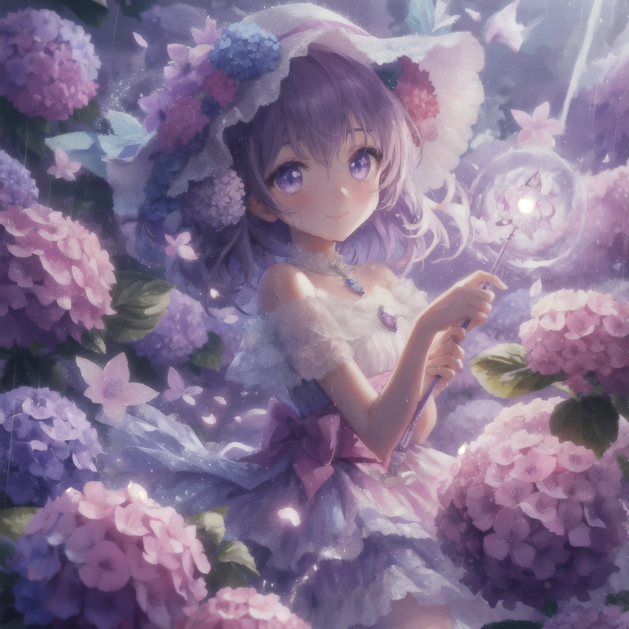 1girl, smile, anime screencap, flat color, The hydrangea petals are wet with rain, shining more vividly. Standing among them is a magical girl. Her dress blends with the color of the hydrangeas, as if she were a flower herself. When she swings her wand, the surrounding hydrangeas emit light all at once. The light swirls around her, enveloping the surroundings with magical power. Her eyes are a deep purple like the hydrangeas, and they harbor a strong will and kindness.