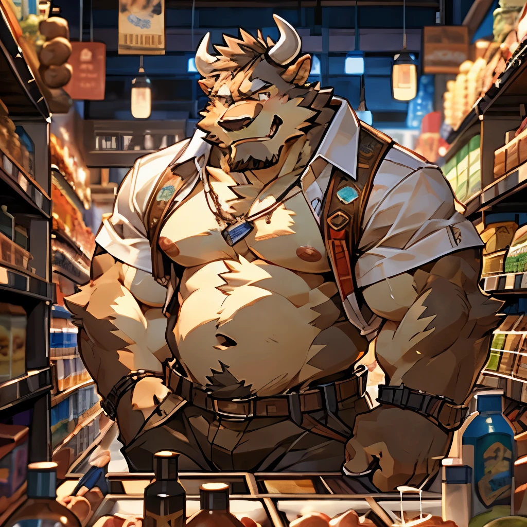 （CG 8K）Cow Orc，Brown fur，Very strong，Clean，obesity，An honest smile，good-looking，Slightly raised buttocks，Shy smile，Close-up of face，Look straight ahead，Prominent nipples，White shirt，The nipple produces milk，Stand in the store，solitary，author：Takemoto Arashi ，From zixiong