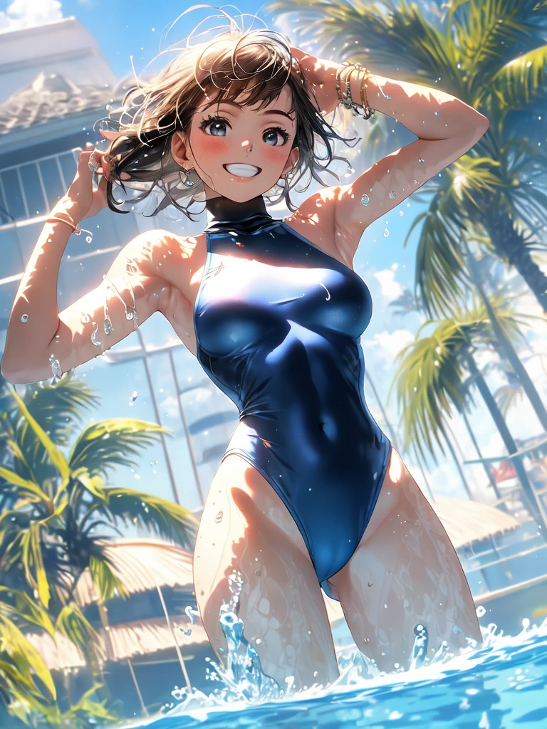 best quality, masterpiece, ultra high res, (photorealistic:1.4), RAW photo, Intricate details, Big beautiful eyes, Perfect contours, masterpiece, One girl, Shortcuts, Medium chest, Olympic Swimmer, (one piece, turtleneck,No sleeve), Transparent and clear sapphire glass swimsuit, 　tight high leg swimsuit, ((Shooting from below, looking up:1.2)), Portrait, View your viewers, Outdoor swimming pool, Partially submerged, Wet Skin, Smile, (armpit)