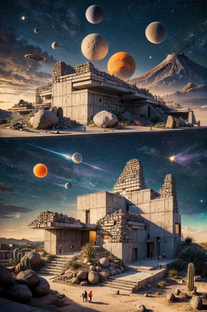 An illustration in collage style, with giant boulders, brutalist building sections, terraces, stairs, cacti, agave, concrete texture, multiple geometric shapes, hatch and cross hatching, planet saturn, volcano, moon, Luis Barragán's architectural style build, milky way galaxy, violet and orange