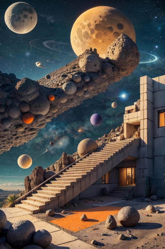 An illustration in collage style, with giant boulders, brutalist building sections, terraces, stairs, cacti, agave, concrete texture, multiple geometric shapes, hatch and cross hatching, planet saturn, volcano, moon, Luis Barragán's architectural style build, milky way galaxy, violet and orange